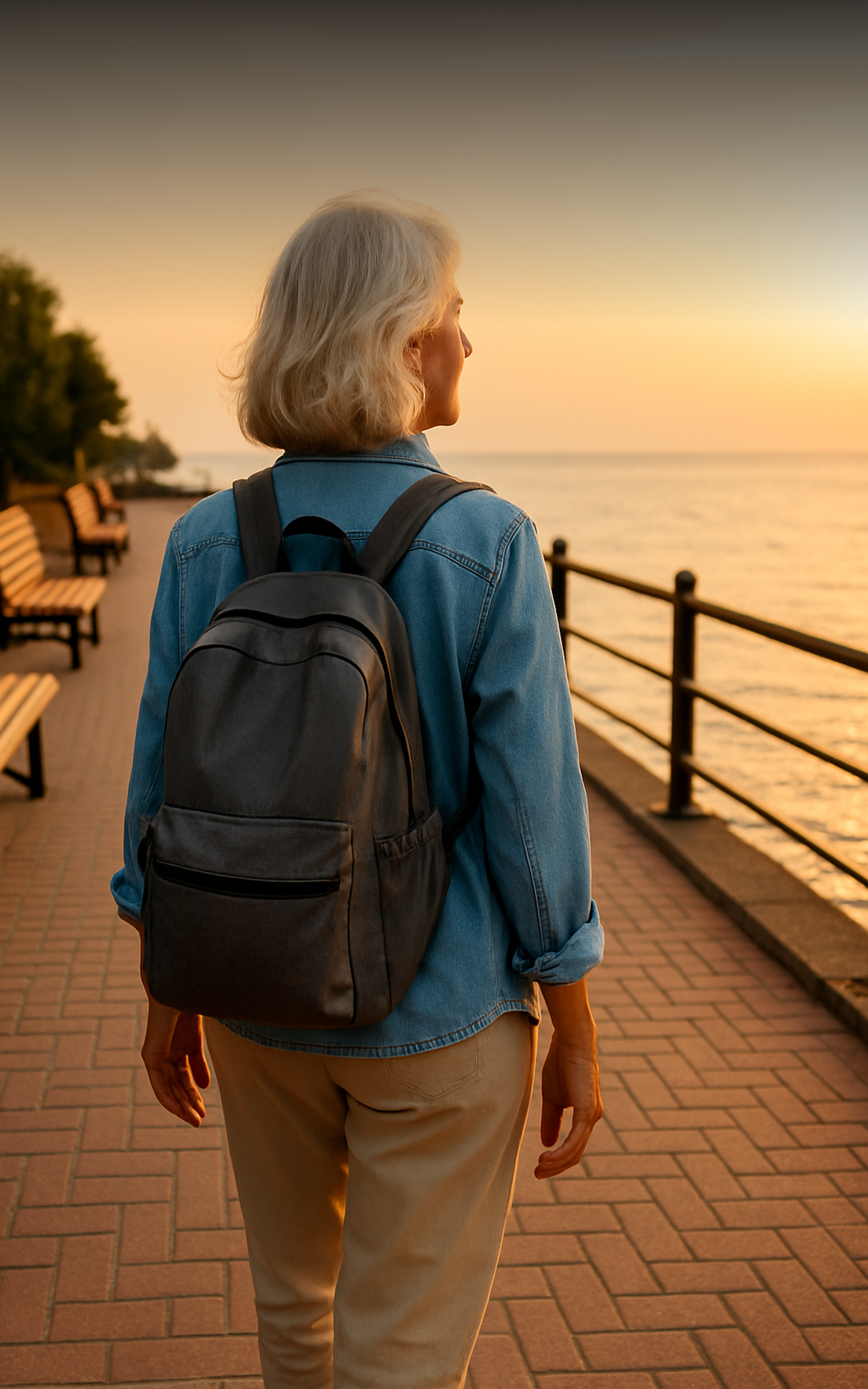 Backpack on a boardwalk at sunrise, with live text reading “Solo Travel Made Simple” and “Confident, Safe & Affordable Trips After 50”.
